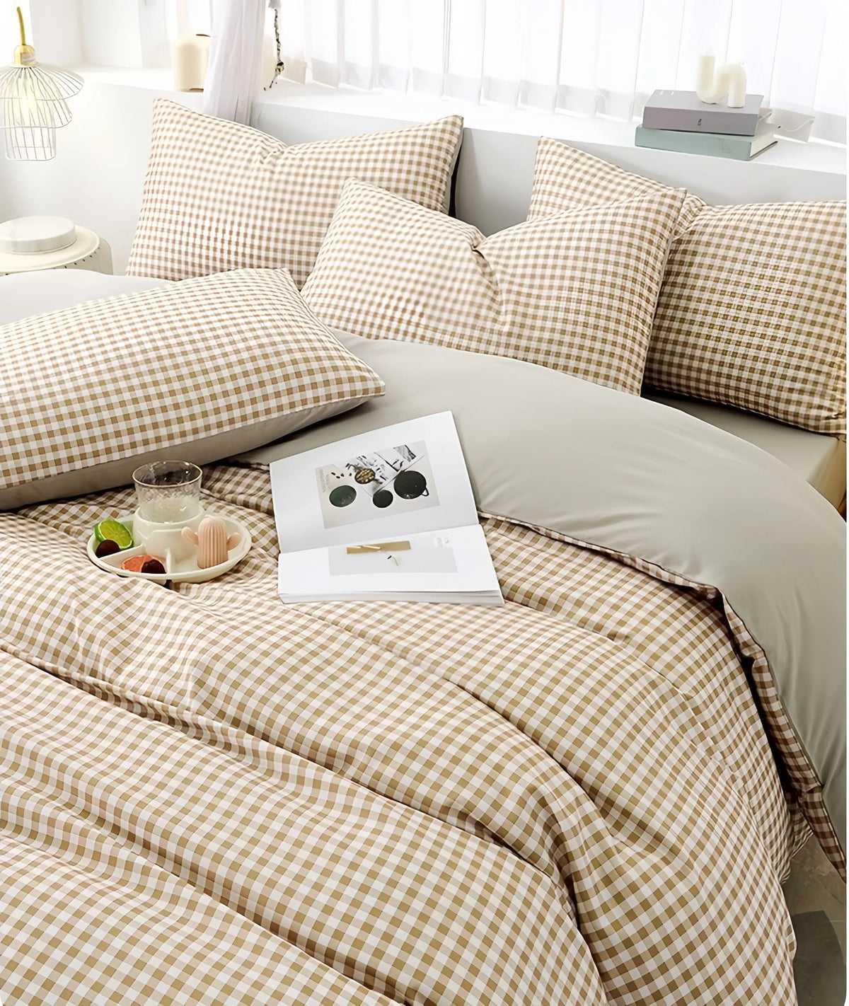 Gingham Doona Cover Set | Microfibre | Beige and White | Queen size and King size with matching Pillow case