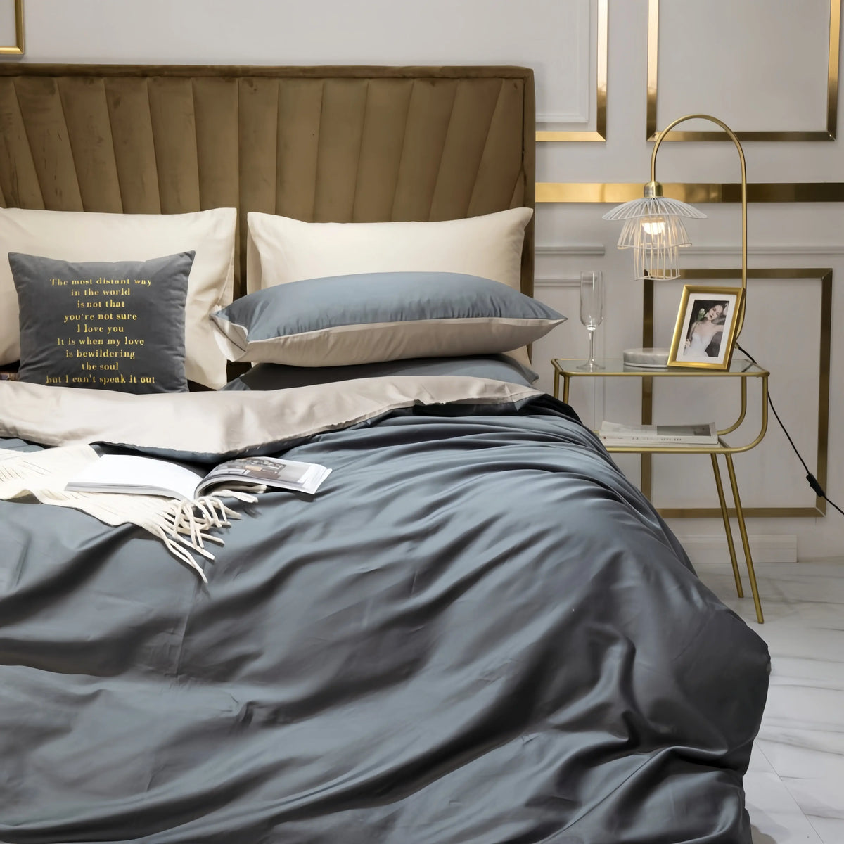 Luxury grey doona cover set with soft cotton bedding and elegant bedroom decor