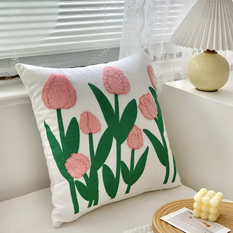 Pink Tulip Garden Embroidered Cushion Covers 'n' Cuddles