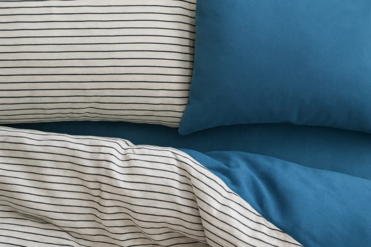 Striped and solid blue cotton doona cover set with matching pillowcases