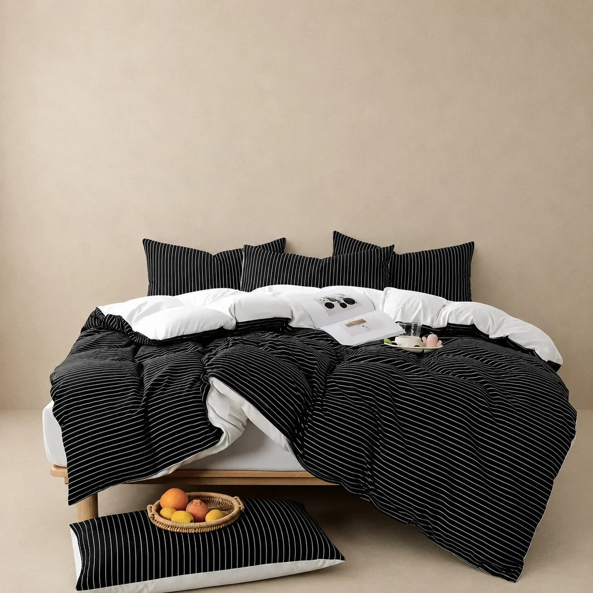 Midnight Pinstripe Doona Cover Set | Microfibre | Black and White | Queen size and King size with matching Pillow case