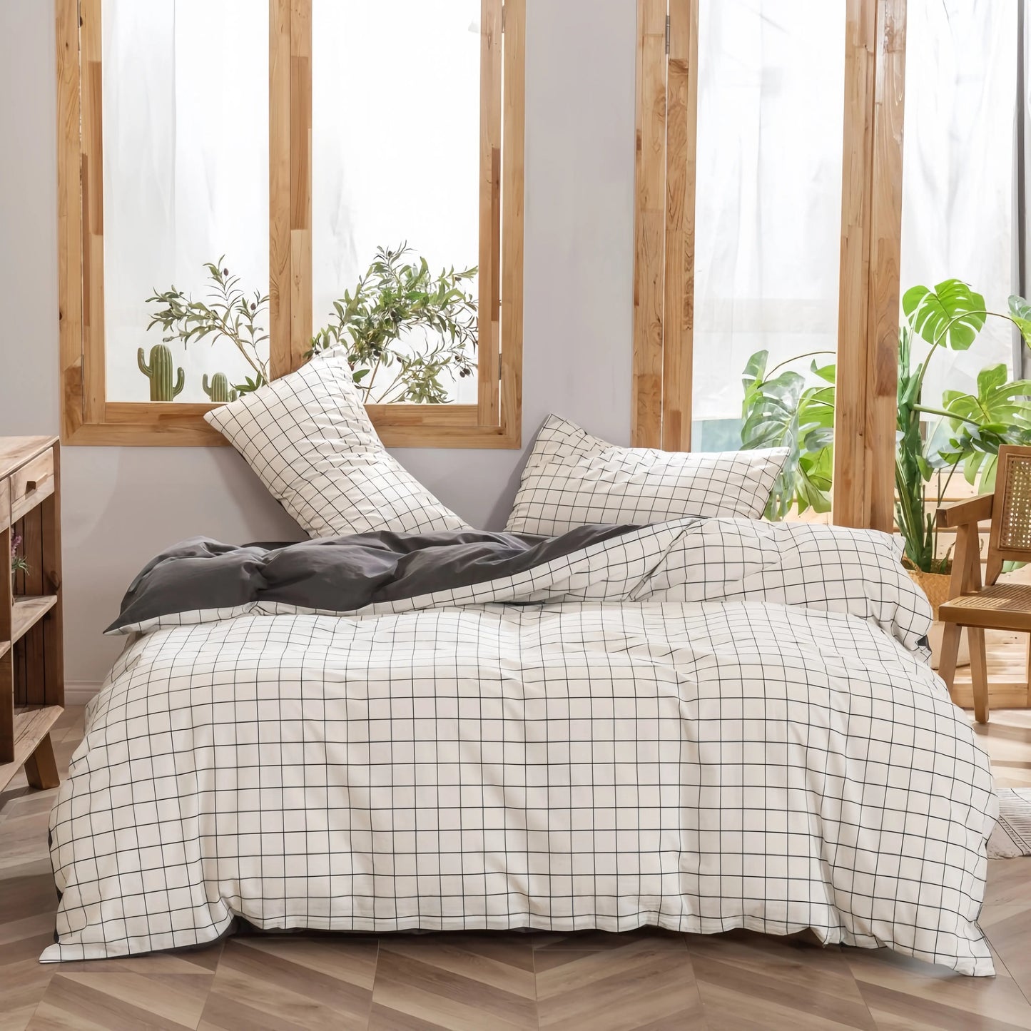 Natural Windowpane Check Doon Cover Set | 100% Cotton | Queen size and King Size with Matching Pillow case