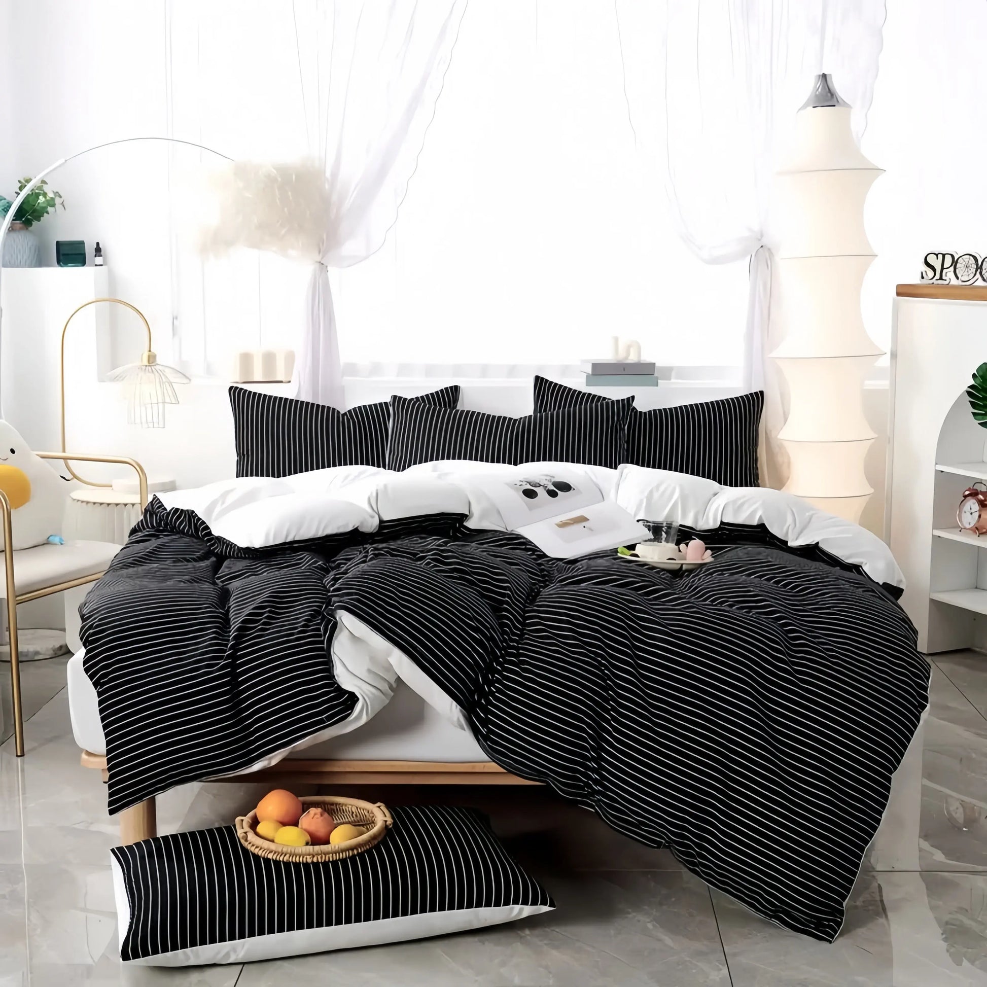 Midnight Pinstripe Doona Cover Set | Microfibre | Black and White | Queen size and King size with matching Pillow case