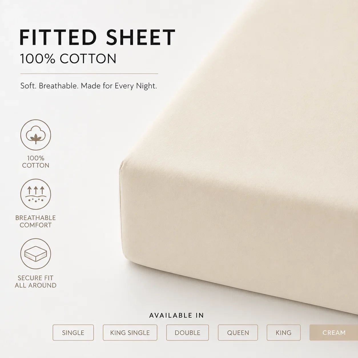 A fitted sheet in cream cotton shown on a mattress corner, with marketing text reading 'FITTED SHEET 100% COTTON' and feature icons for softness, breathability, and secure fit. Available sizes are listed at the bottom.