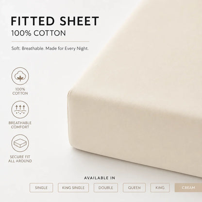 A fitted sheet in cream cotton shown on a mattress corner, with marketing text reading 'FITTED SHEET 100% COTTON' and feature icons for softness, breathability, and secure fit. Available sizes are listed at the bottom.