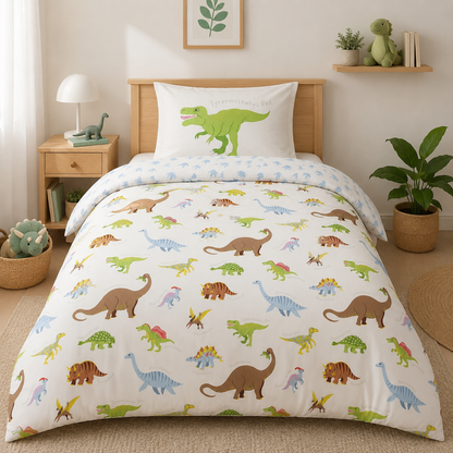 Kids Dinosaur Doona Cover Set | Roaring Realm Print | Multicolour | Cotton Lyocell Blend | Single