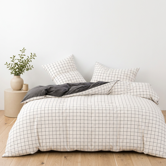 Windowpane Cotton Doona Cover Set | Windowpane Check | Natural Beige | 100% Cotton |