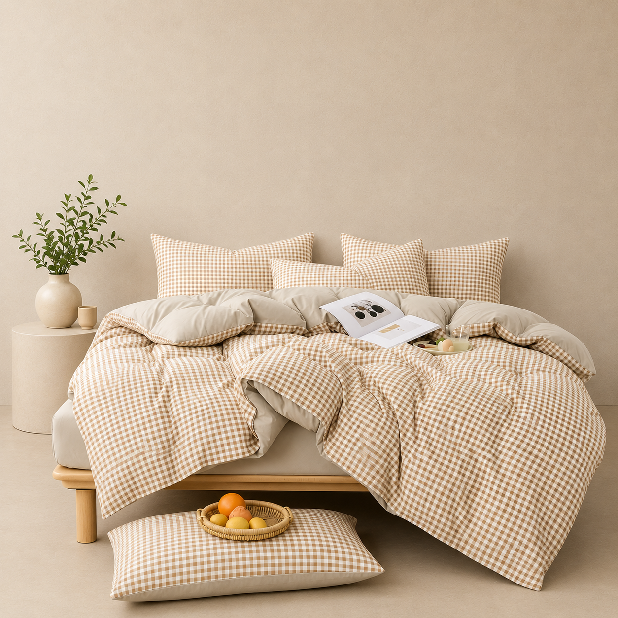 Honey Doona Cover Set | Gingham Check | Beige & White | Brushed Microfibre |