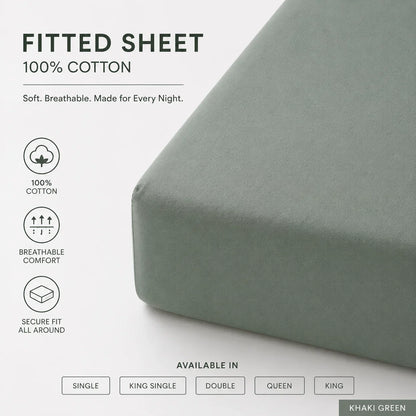 A fitted sheet in Khaki Green shown on a mattress corner, with text highlighting 100% cotton, breathable comfort, and secure fit. Available sizes listed include Single, King Single, Double, Queen, and King.