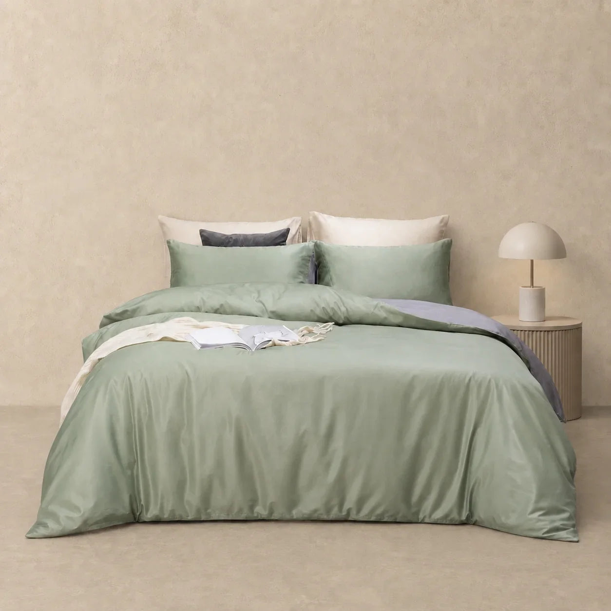 Reversible Doona Cover Set | Solid Plain | Olive Green & Grey | 100% Cotton |