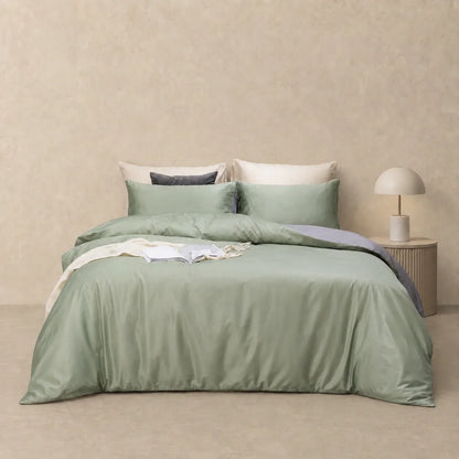 Reversible Doona Cover Set | Solid Plain | Olive Green & Grey | 100% Cotton |