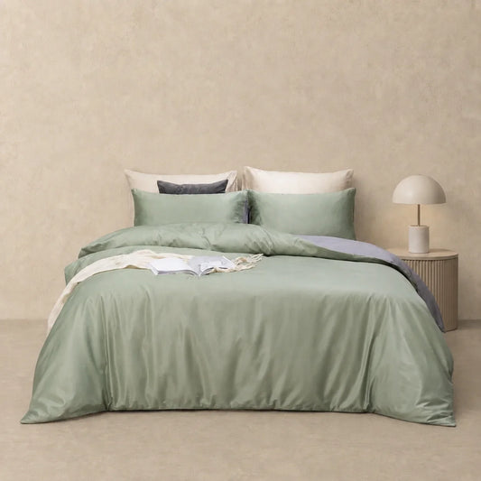 Reversible Doona Cover Set | Solid Plain | Olive Green & Grey | 100% Cotton |