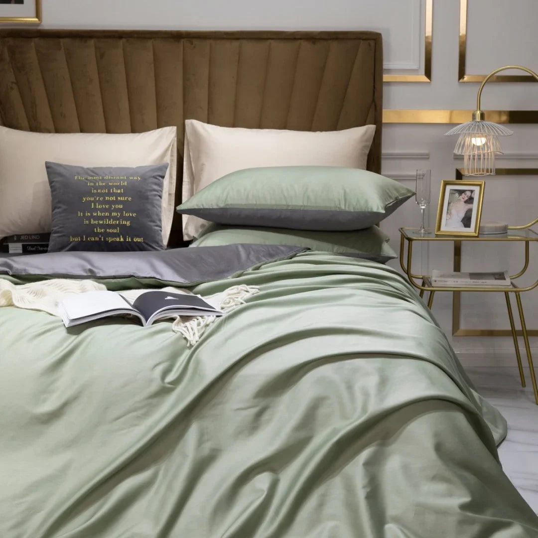 Reversible Doona Cover Set | Solid Plain | Olive Green & Grey | 100% Cotton |