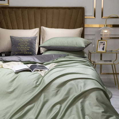 Reversible Doona Cover Set | Solid Plain | Olive Green & Grey | 100% Cotton |