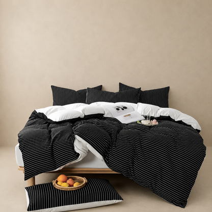 Midnight Pinstripe Doona Cover Set | Microfibre | Black and White | Queen size and King size with matching Pillow case