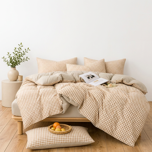 Honey Doona Cover Set | Gingham Check | Beige & White | Brushed Microfibre |