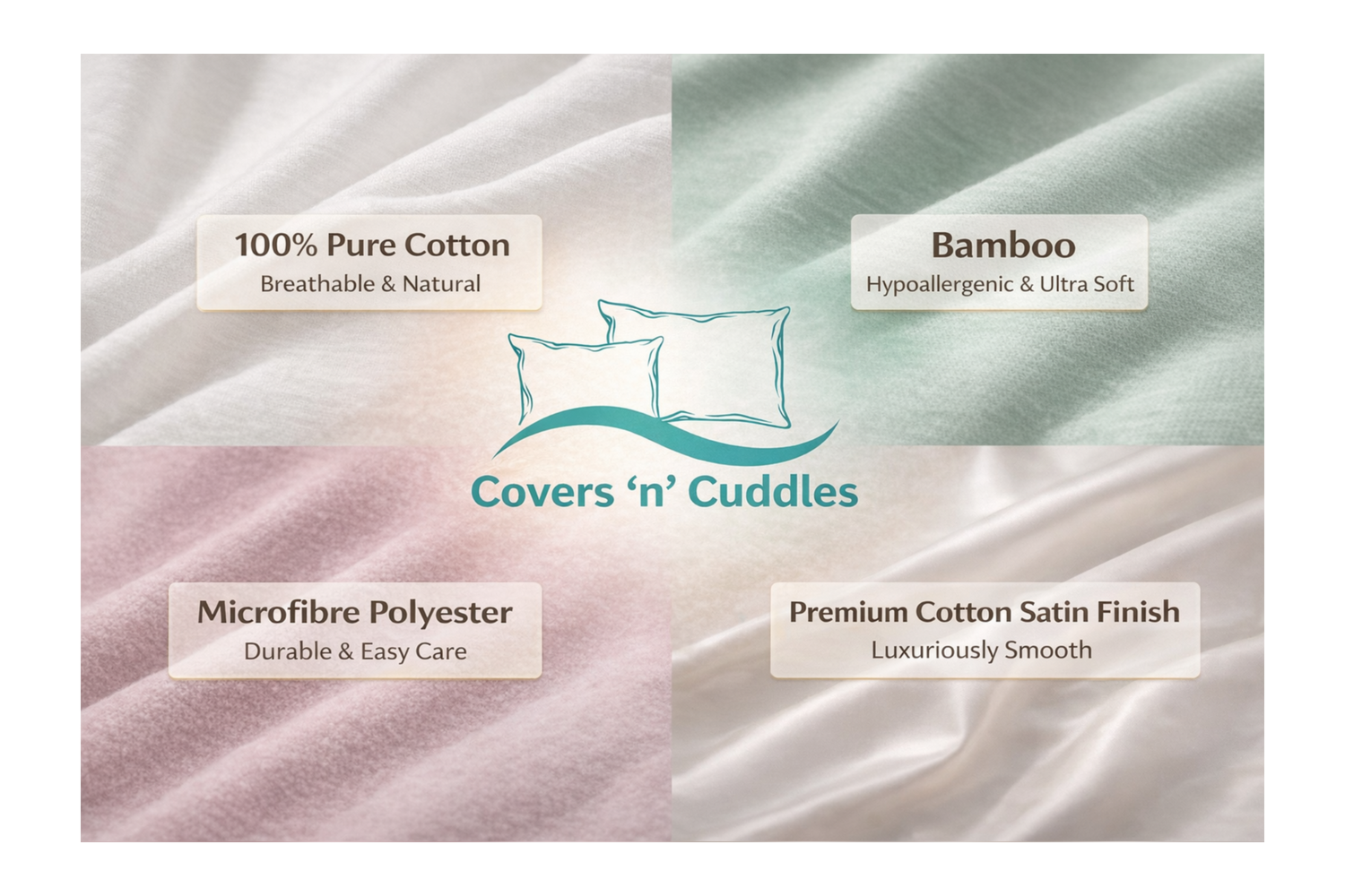 Textured fabric swatches with labels for 100% Pure Cotton, Bamboo, Microfibre Polyester, and Premium Cotton Satin Finish, featuring the brand 'Covers n Cuddles'.