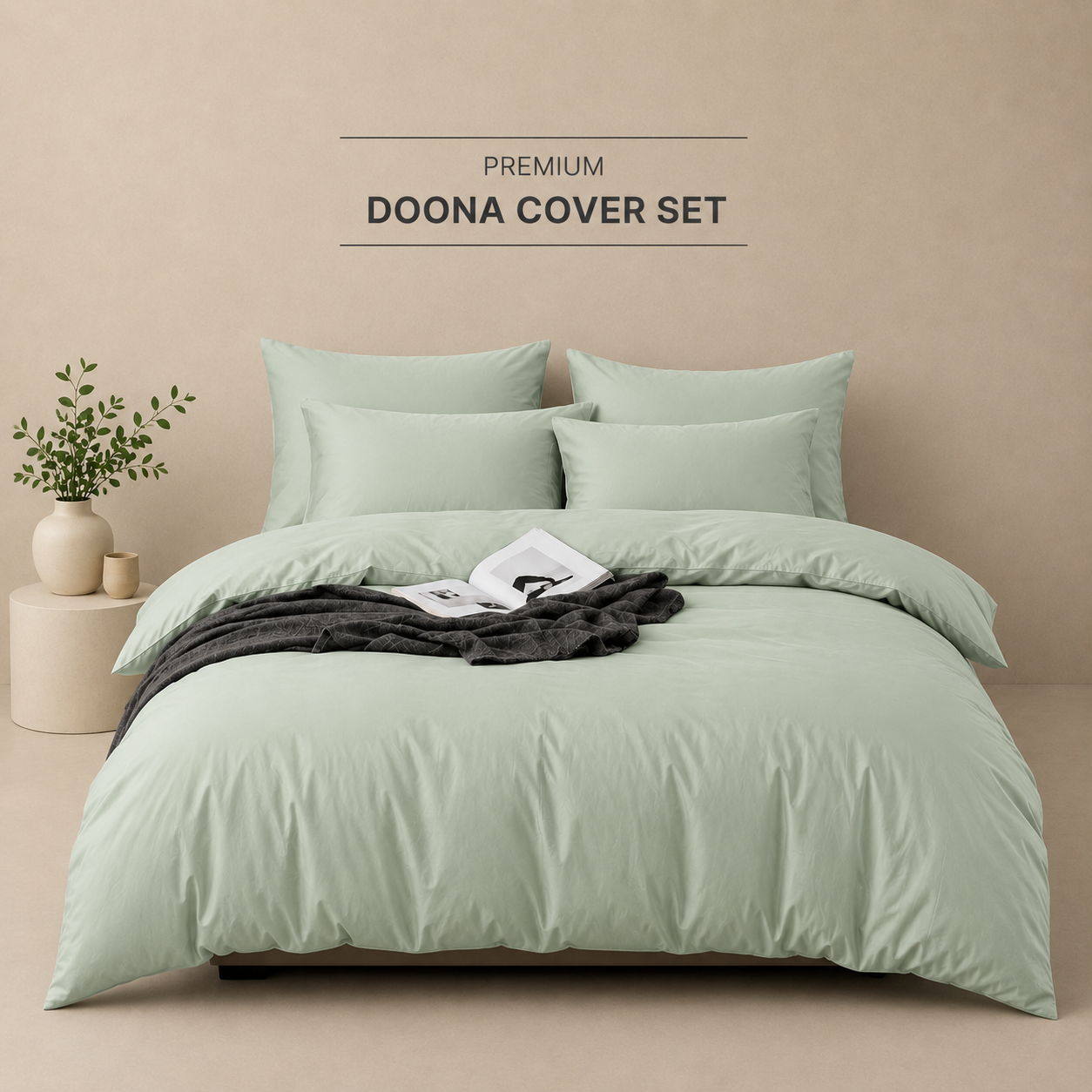 Serenity Doona Cover Set | Solid Plain | Sage Green | 100% Cotton |