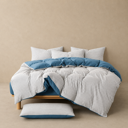 Coastal Doona Cover Set | Crisp Stripe Print | Blue & White | Brushed Microfibre |