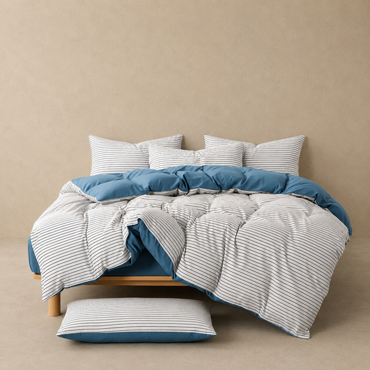 Coastal Doona Cover Set | Crisp Stripe Print | Blue & White | Brushed Microfibre |